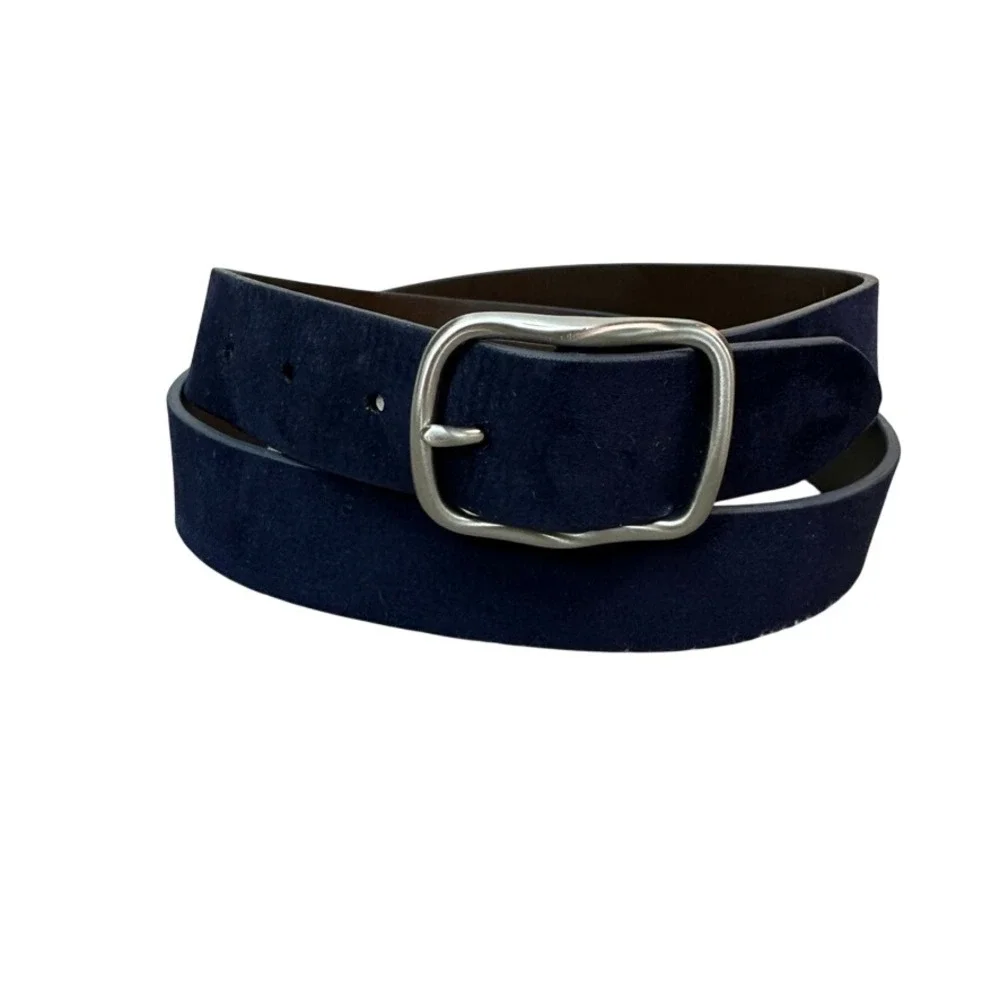 Navy Blue Faux Suede Leather Belt Mens XL 42-44 Silver Buckle Matte Finish